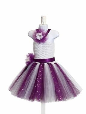Handmade Girls Purple and White Tulle Tutu Dress with Flower Accent